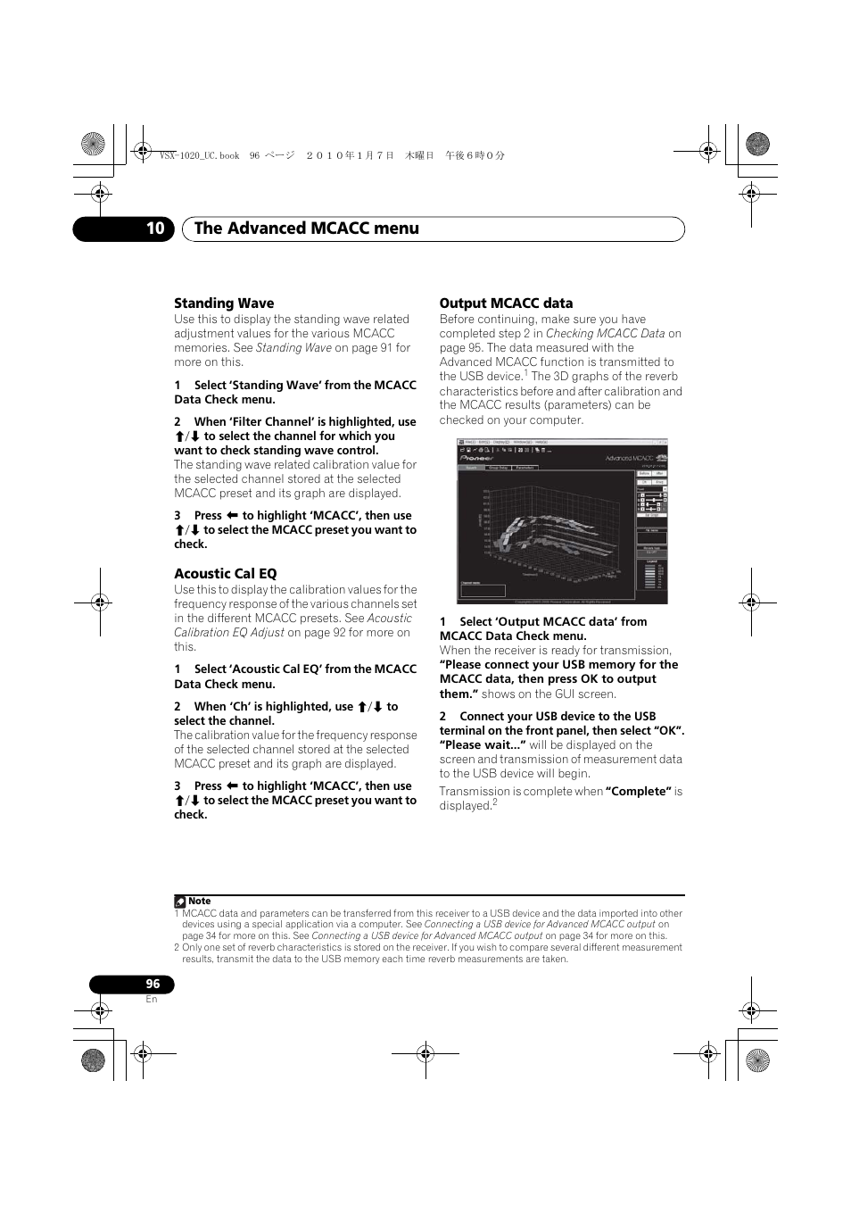 Standing wave, Acoustic cal eq, Output mcacc data | The advanced mcacc menu 10 | Pioneer VSX-1020 User Manual | Page 96 / 260