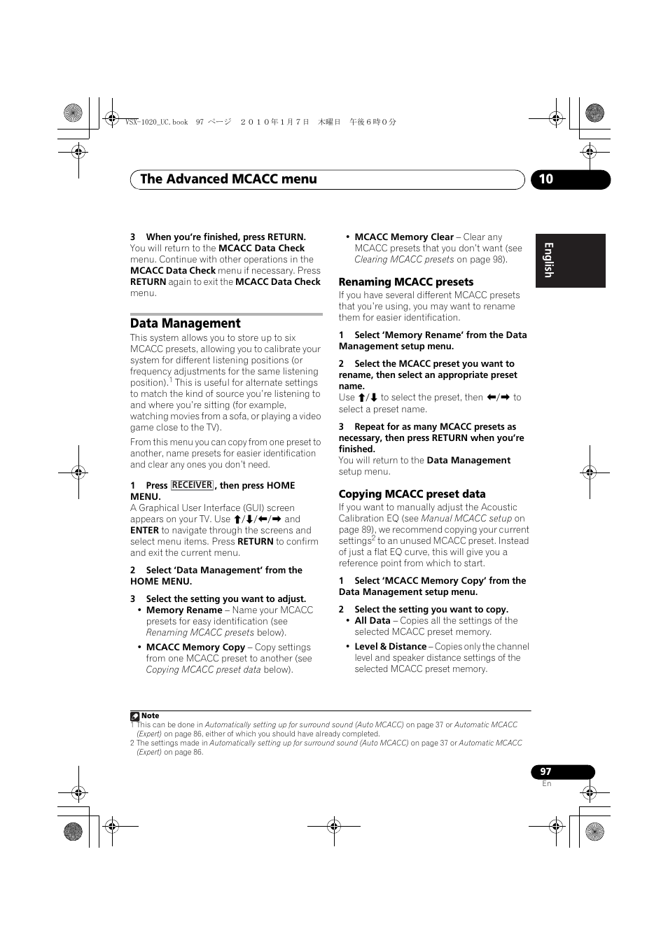 3 when you’re finished, press return, Data management, 1 press , then press home menu | 2 select ‘data management’ from the home menu, 3 select the setting you want to adjust, Renaming mcacc presets, Copying mcacc preset data, 2 select the setting you want to copy, The advanced mcacc menu 10 | Pioneer VSX-1020 User Manual | Page 97 / 260