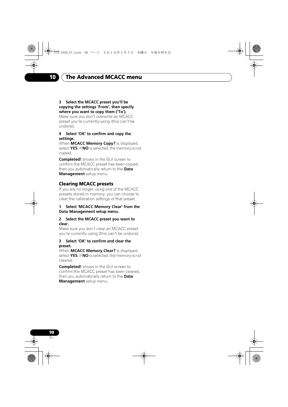 4 select ‘ok’ to confirm and copy the settings, Clearing mcacc presets, 2 select the mcacc preset you want to clear | 3 select ‘ok’ to confirm and clear the preset, The advanced mcacc menu 10 | Pioneer VSX-1020 User Manual | Page 98 / 260