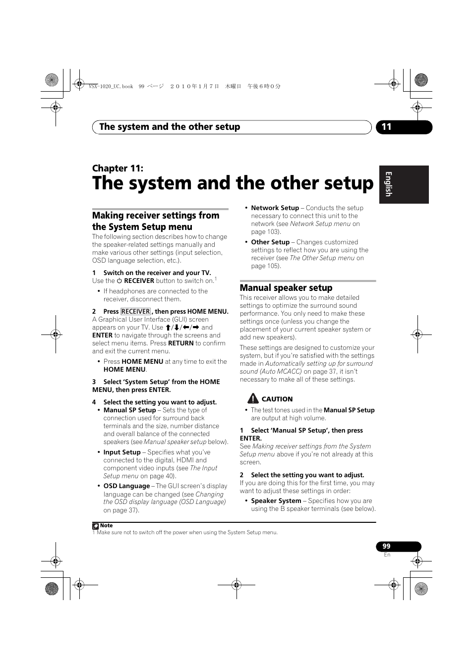 The system and the other setup, 1 switch on the receiver and your tv, 2 press , then press home menu | 4 select the setting you want to adjust, Manual speaker setup, Caution, 1 select ‘manual sp setup’, then press enter, 2 select the setting you want to adjust, 11 the system and the other setup, The system and the other setup 11 | Pioneer VSX-1020 User Manual | Page 99 / 260