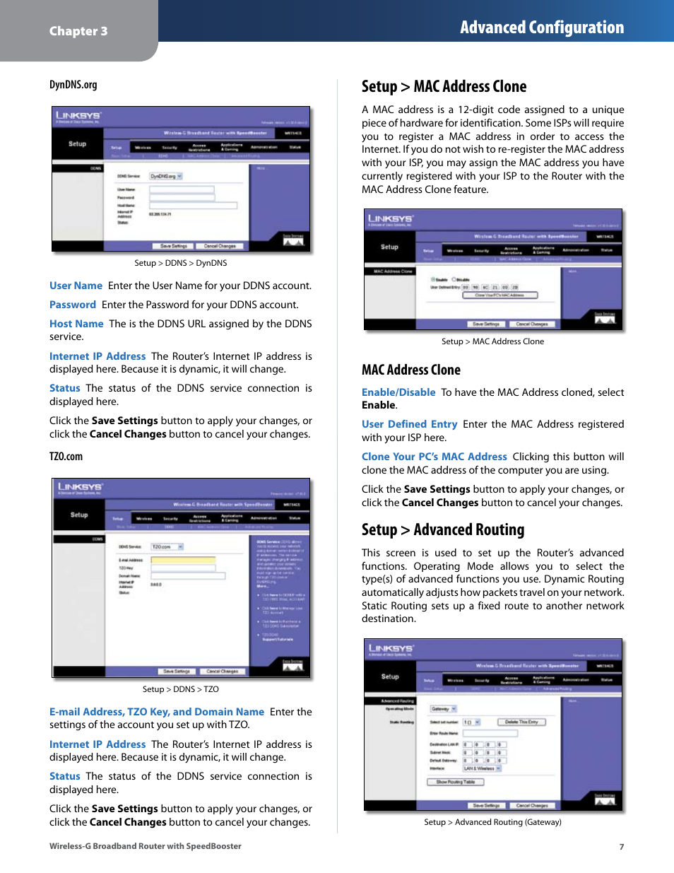 Setup > mac address clone, Setup > advanced routing, Setup > mac address clone setup > advanced routing | Advanced configuration, Mac address clone | Linksys WRT54GS User Manual | Page 11 / 32