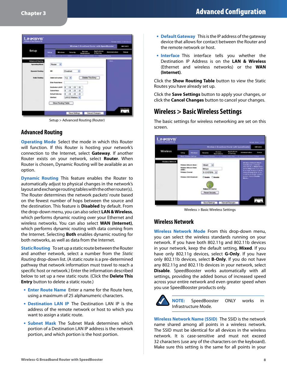 Wireless > basic wireless settings, Advanced configuration, Advanced routing | Wireless network | Linksys WRT54GS User Manual | Page 12 / 32