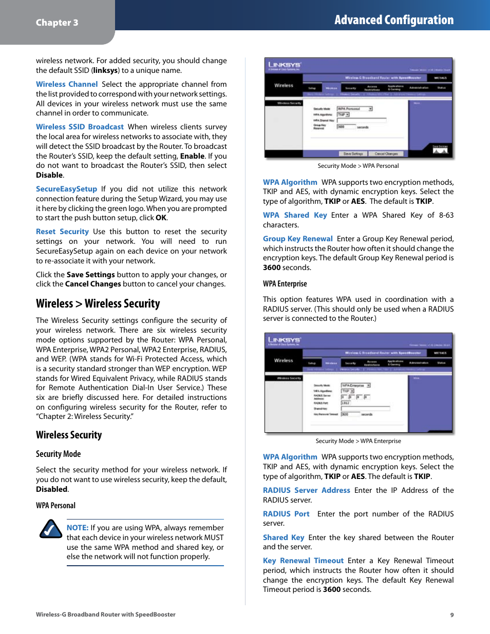 Wireless > wireless security, Advanced configuration, Wireless security | Linksys WRT54GS User Manual | Page 13 / 32