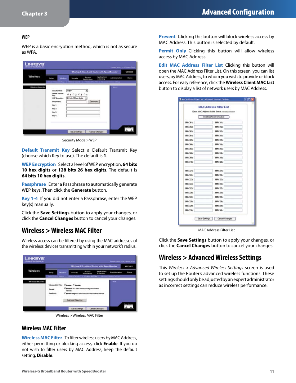 Wireless > wireless mac filter, Wireless > advanced wireless settings, Advanced configuration | Wireless mac filter | Linksys WRT54GS User Manual | Page 15 / 32