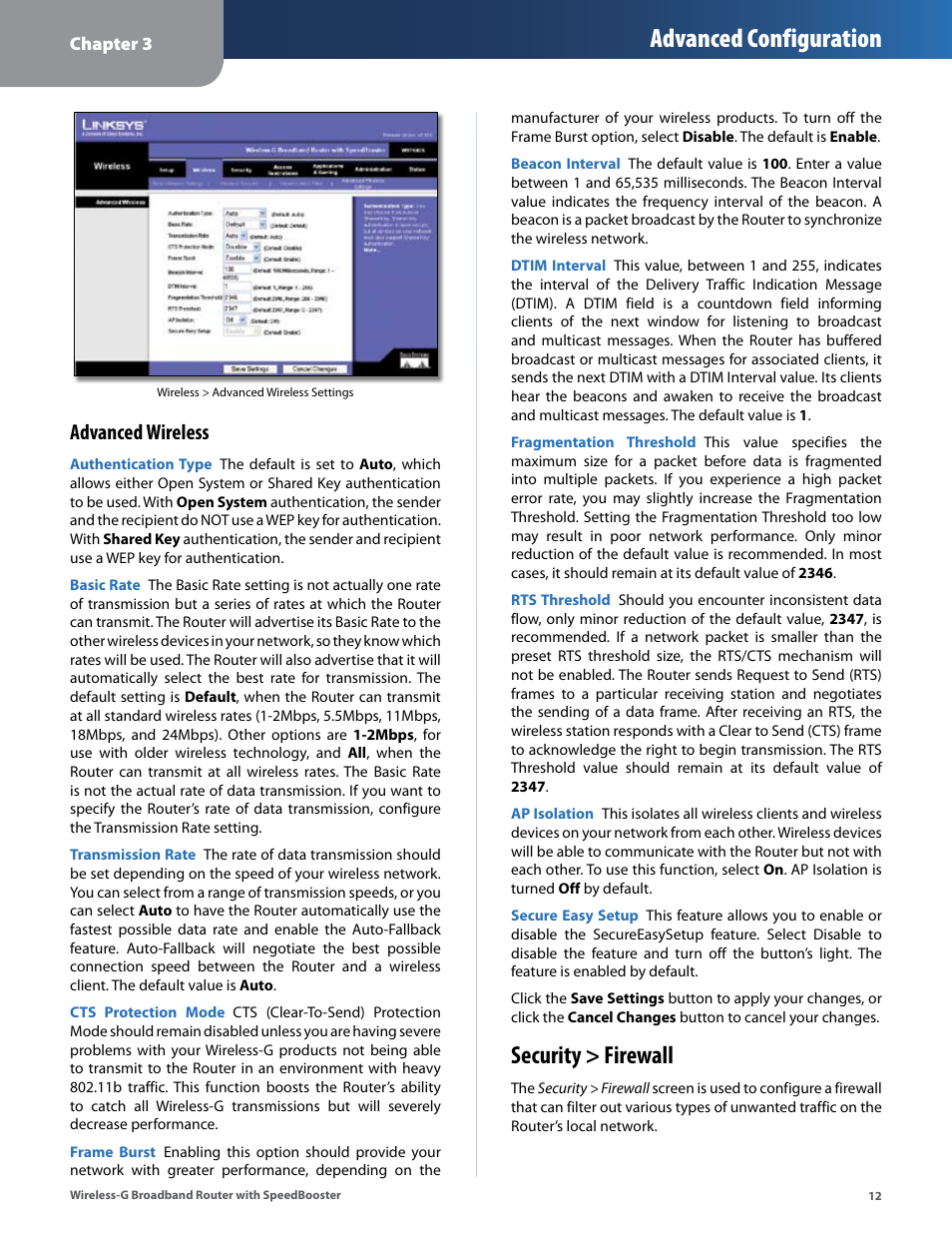 Security > firewall, Advanced configuration, Advanced wireless | Linksys WRT54GS User Manual | Page 16 / 32