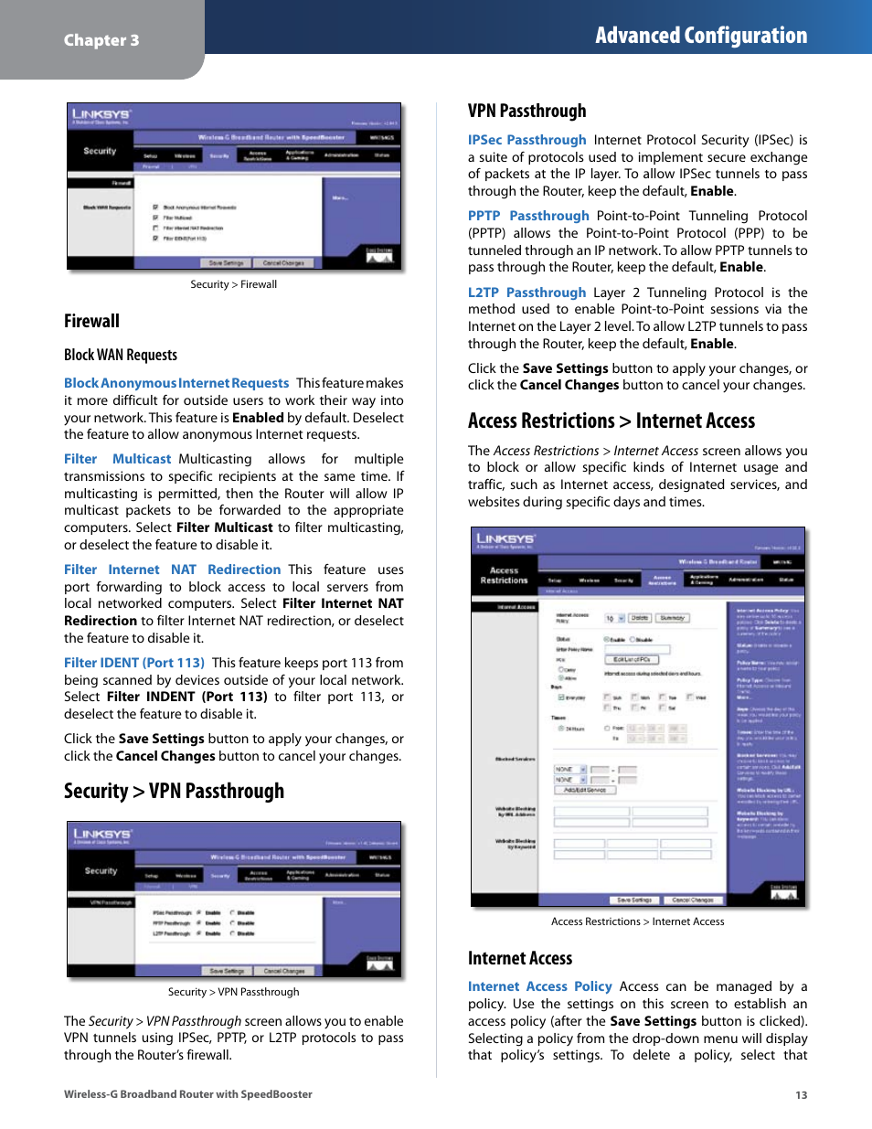 Security > vpn passthrough, Access restrictions > internet access, Advanced configuration | Firewall, Vpn passthrough, Internet access | Linksys WRT54GS User Manual | Page 17 / 32