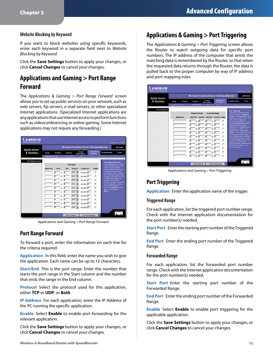Applications and gaming > port range forward, Applications & gaming > port triggering, Advanced configuration | Port range forward, Port triggering | Linksys WRT54GS User Manual | Page 19 / 32