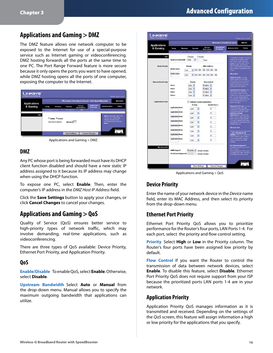 Applications and gaming > dmz, Applications and gaming > qos, Advanced configuration | Device priority, Ethernet port priority, Application priority | Linksys WRT54GS User Manual | Page 20 / 32