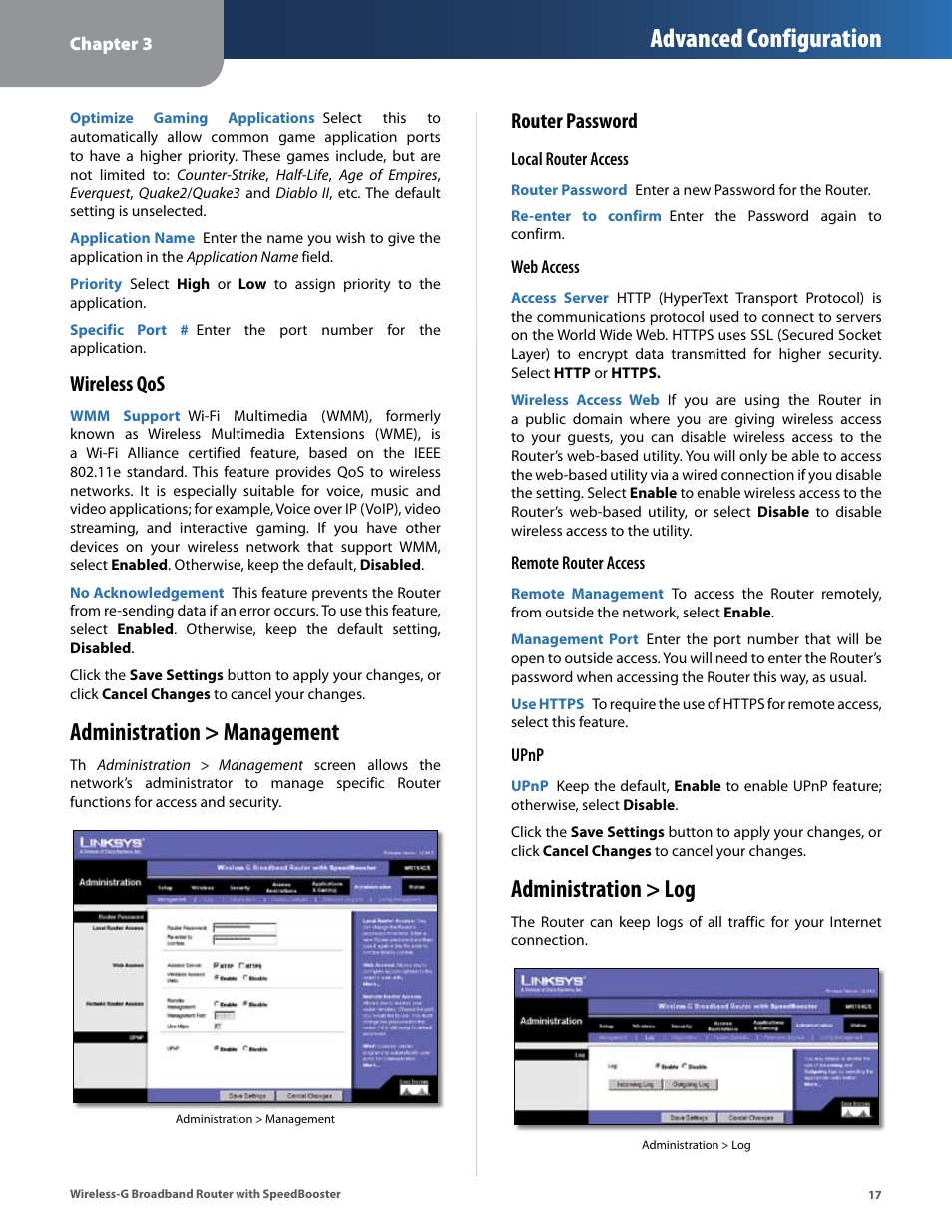 Administration > management, Administration > log, Administration > management administration > log | Advanced configuration, Wireless qos, Router password | Linksys WRT54GS User Manual | Page 21 / 32