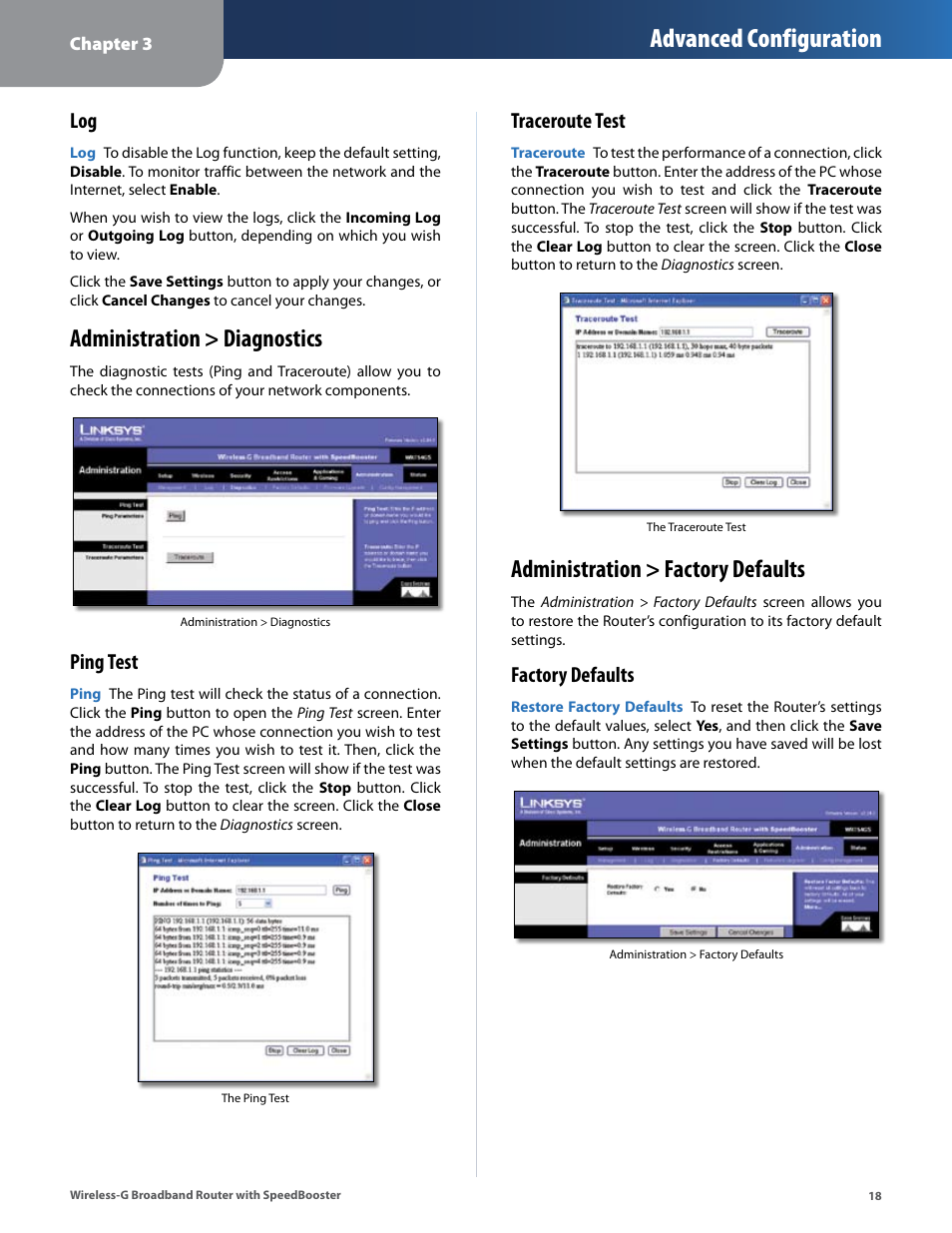Administration > diagnostics, Administration > factory defaults, Advanced configuration | Ping test, Traceroute test, Factory defaults | Linksys WRT54GS User Manual | Page 22 / 32