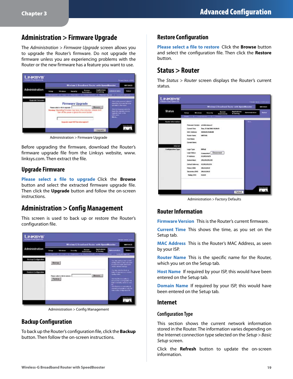 Administration > firmware upgrade, Administration > config management, Status > router | Advanced configuration, Upgrade firmware, Backup configuration, Restore configuration, Router information, Internet | Linksys WRT54GS User Manual | Page 23 / 32