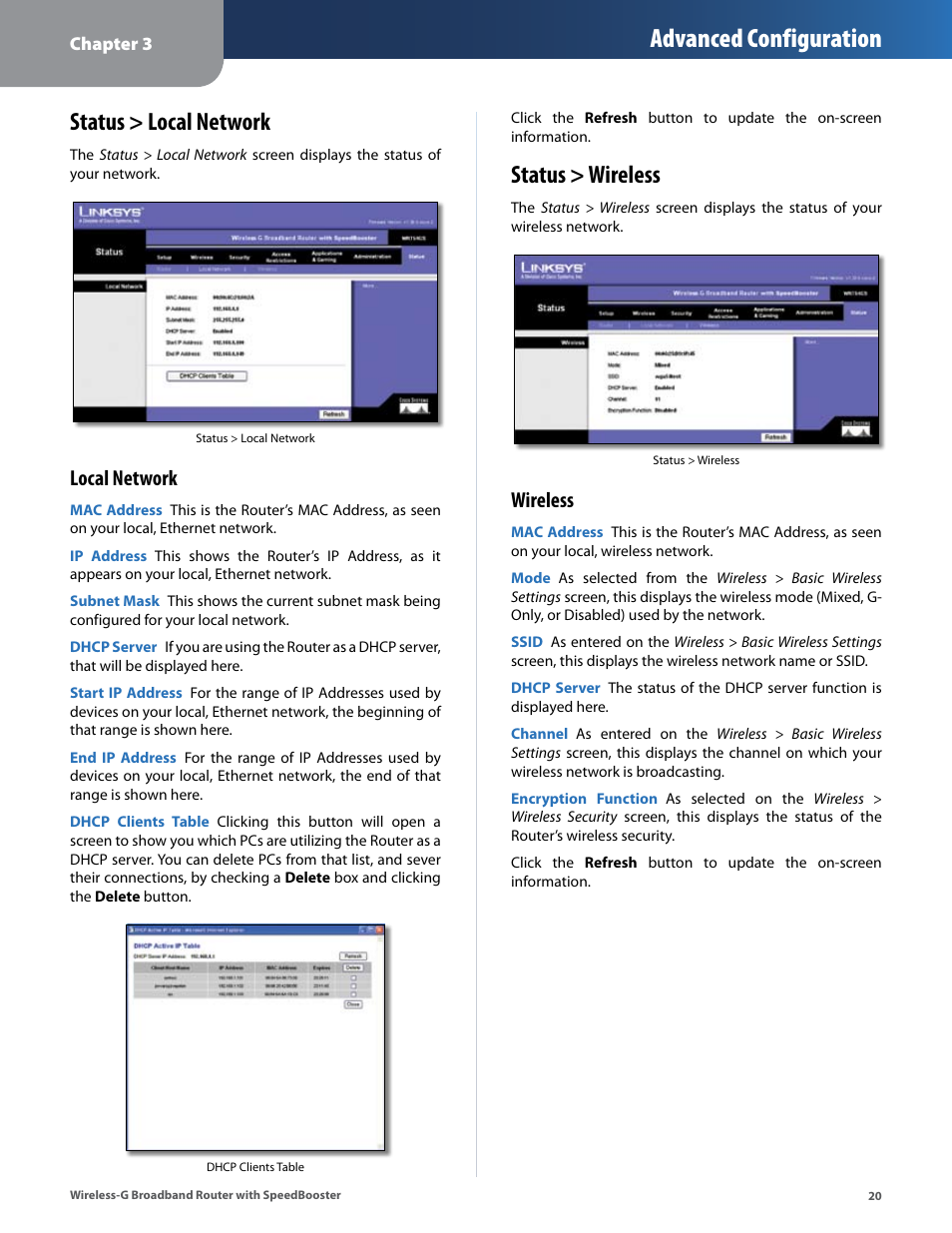 Status > local network, Status > wireless, Status > local network status > wireless | Advanced configuration, Local network, Wireless | Linksys WRT54GS User Manual | Page 24 / 32