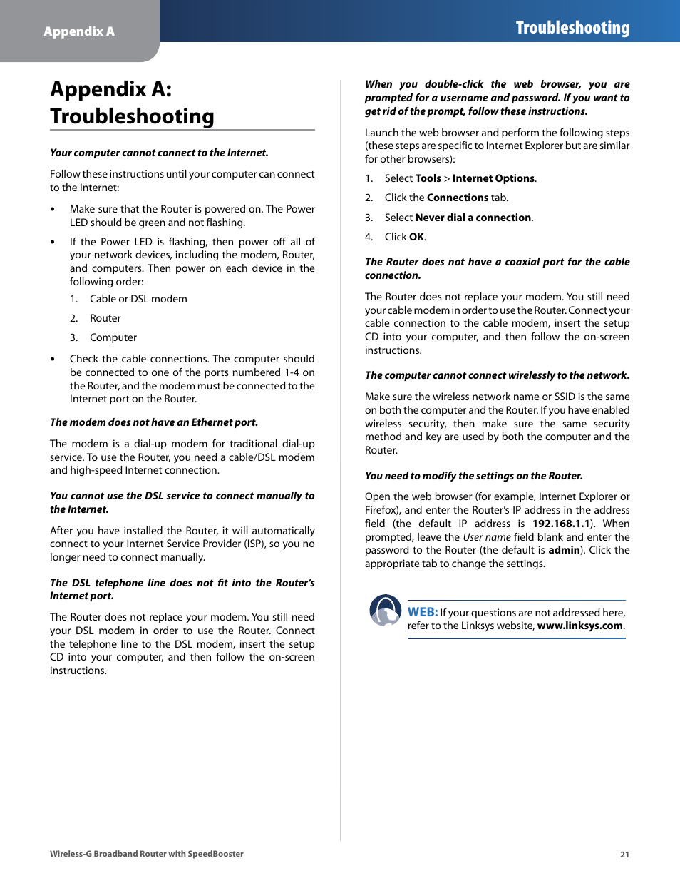 Appendix a: troubleshooting, Appendx a: troubleshootng, Troubleshooting | Linksys WRT54GS User Manual | Page 25 / 32