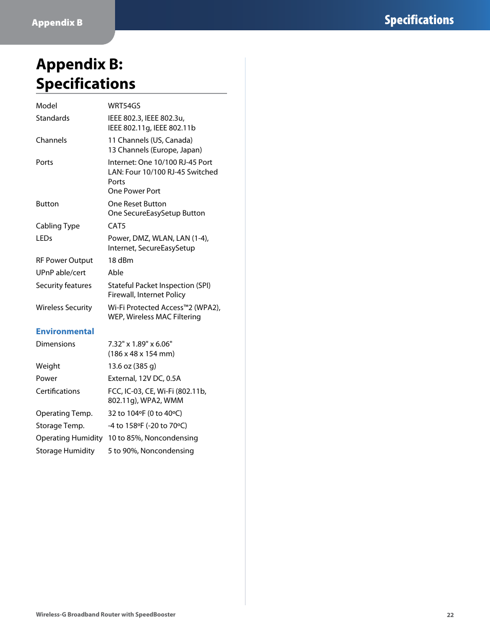 Appendix b: specifications, Appendx b: specfcatons, Specifications | Linksys WRT54GS User Manual | Page 26 / 32