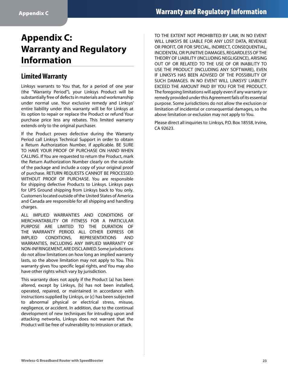 Appendix c: warranty and regulatory information, Limited warranty, Appendx c: warranty and regulatory informaton | Warranty and regulatory information | Linksys WRT54GS User Manual | Page 27 / 32