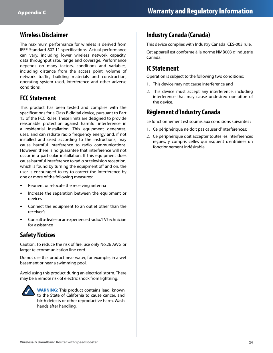 Wireless disclaimer, Fcc statement, Safety notices | Industry canada (canada), Ic statement, Règlement d’industry canada, Warranty and regulatory information | Linksys WRT54GS User Manual | Page 28 / 32