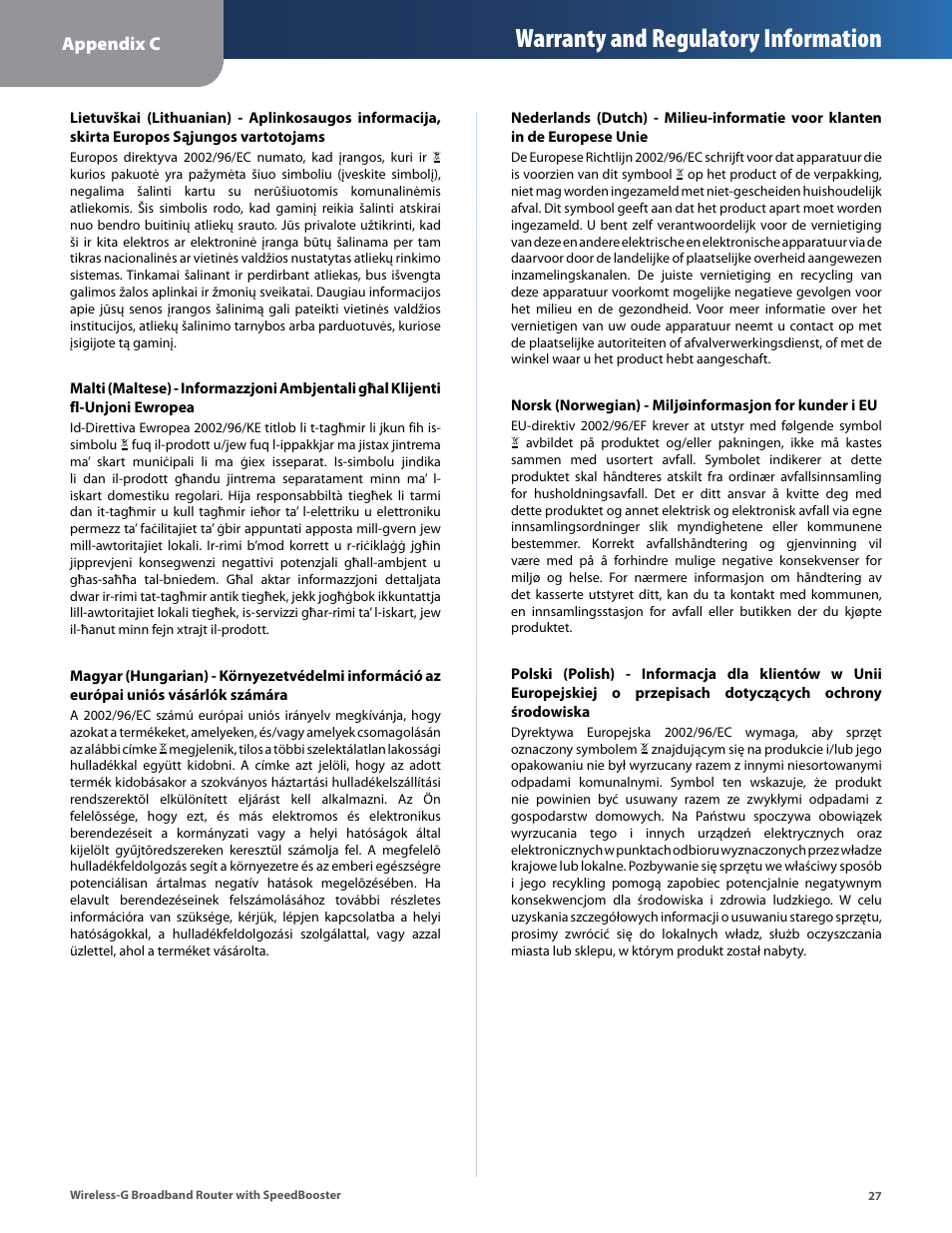 Warranty and regulatory information, Appendixc | Linksys WRT54GS User Manual | Page 31 / 32