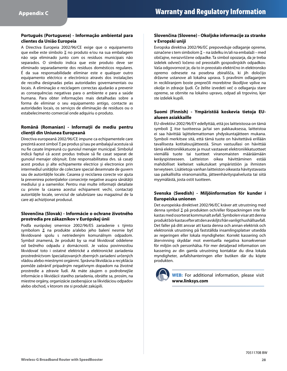 Warranty and regulatory information, Appendixc | Linksys WRT54GS User Manual | Page 32 / 32