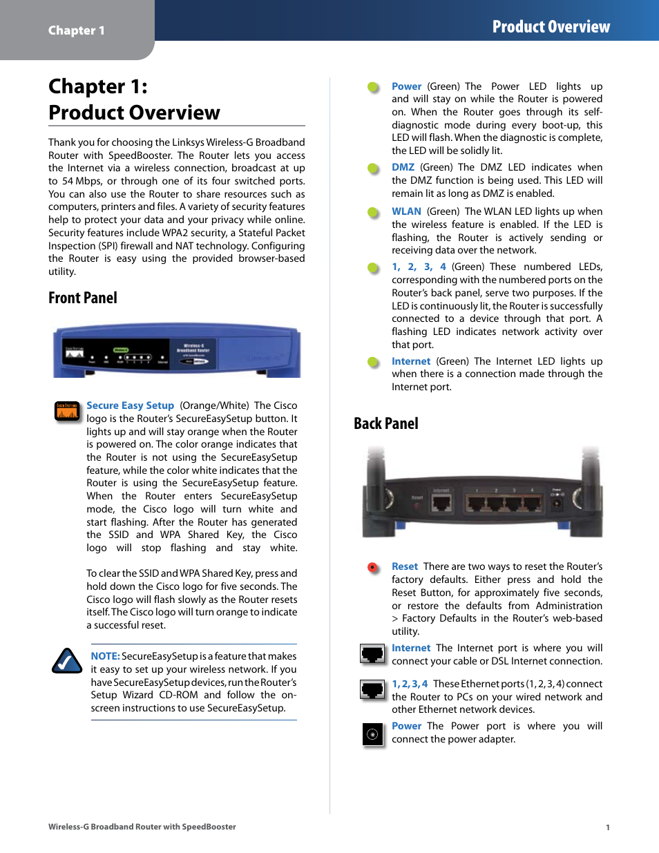 Chapter 1: product overview, Front panel, Back panel | Front panel back panel, Chapter : product overvew, Product overview | Linksys WRT54GS User Manual | Page 5 / 32