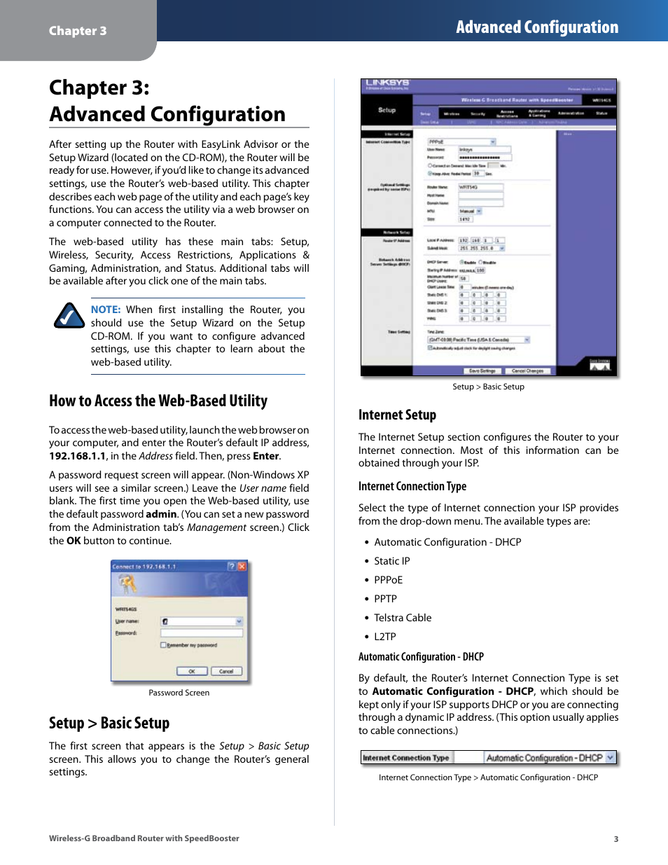 Chapter 3: advanced configuration, Setup > basic setup, Chapter 3: advanced confguraton | Advanced configuration, How to access the web-based utility, Internet setup | Linksys WRT54GS User Manual | Page 7 / 32