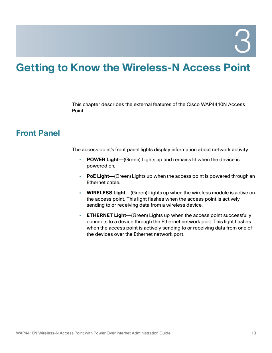 Getting to know the wireless-n access point, Front panel | Cisco WIRELESS ACCESS POINT WAP4410N User Manual | Page 13 / 62