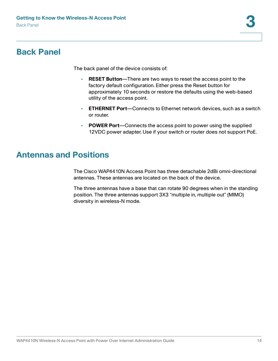 Back panel, Antennas and positions | Cisco WIRELESS ACCESS POINT WAP4410N User Manual | Page 14 / 62
