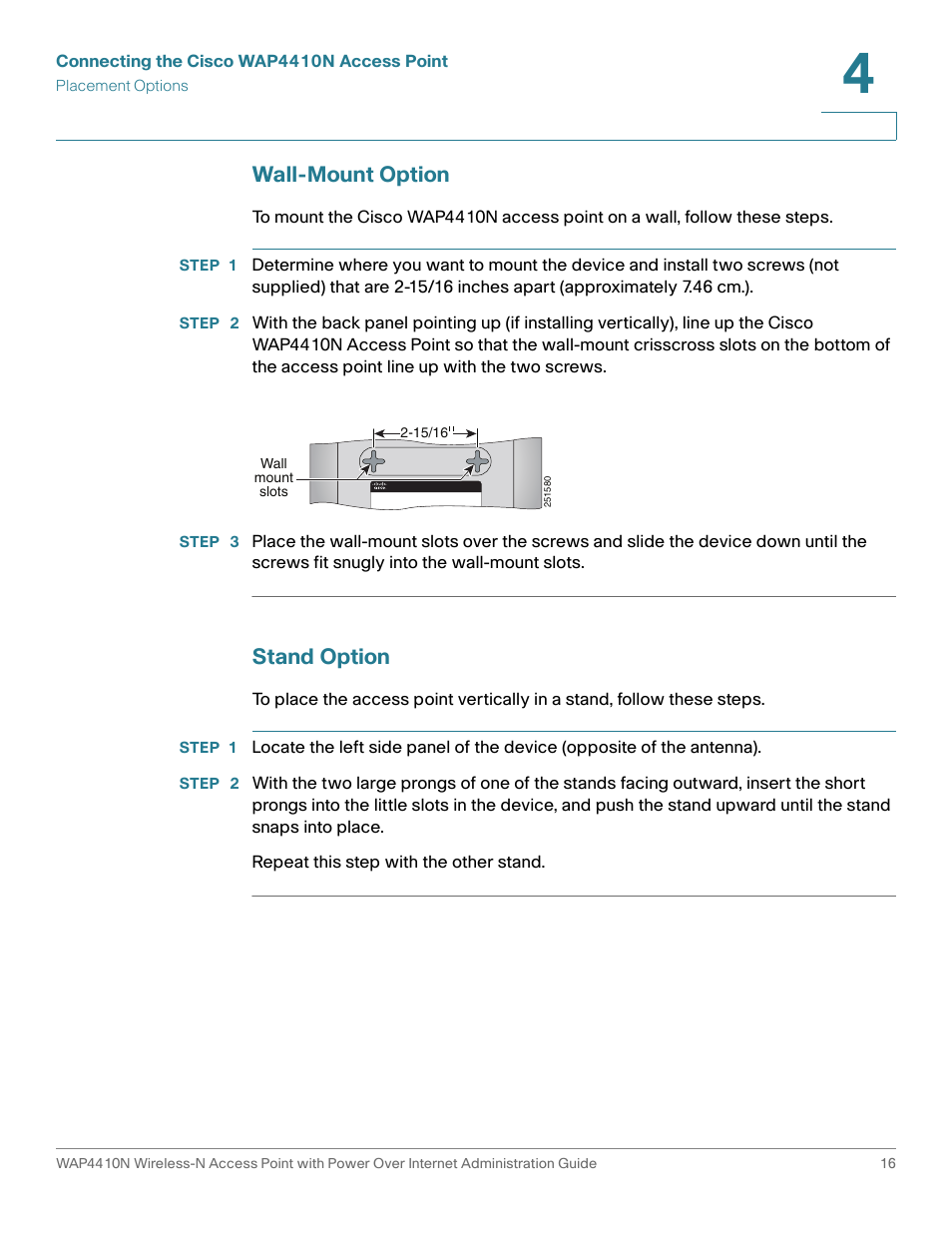 Wall-mount option, Stand option | Cisco WIRELESS ACCESS POINT WAP4410N User Manual | Page 16 / 62