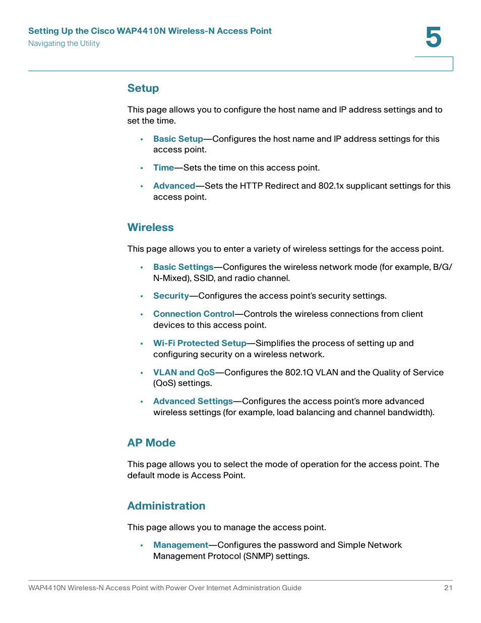 Setup, Wireless, Ap mode | Administration | Cisco WIRELESS ACCESS POINT WAP4410N User Manual | Page 21 / 62