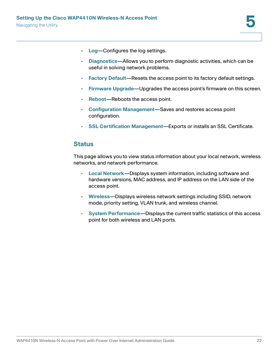 Status | Cisco WIRELESS ACCESS POINT WAP4410N User Manual | Page 22 / 62