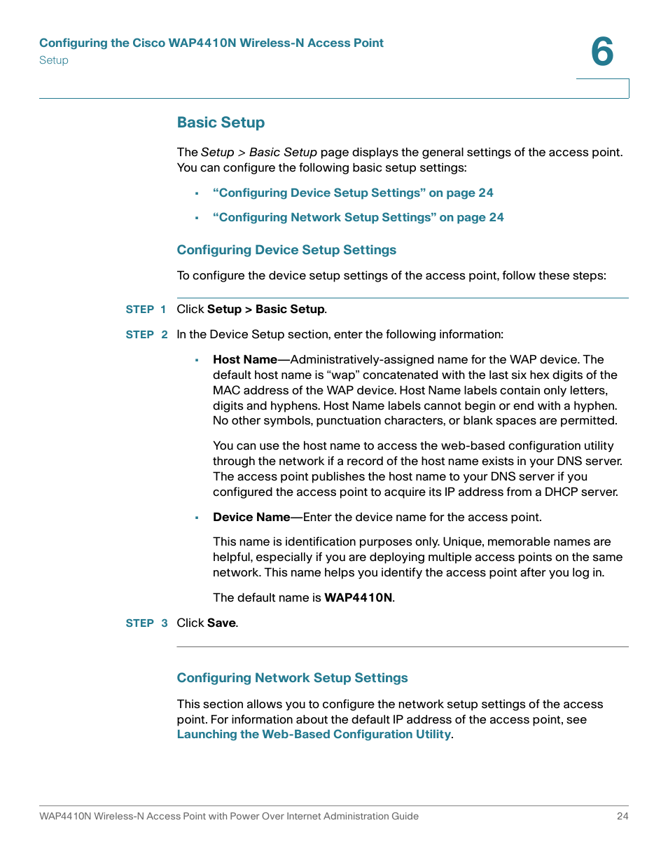 Basic setup | Cisco WIRELESS ACCESS POINT WAP4410N User Manual | Page 24 / 62