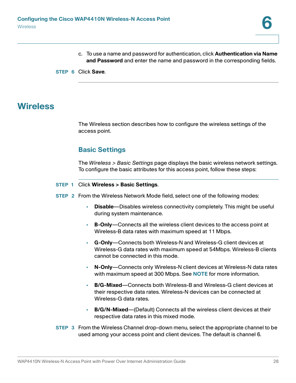 Wireless, Basic settings | Cisco WIRELESS ACCESS POINT WAP4410N User Manual | Page 28 / 62