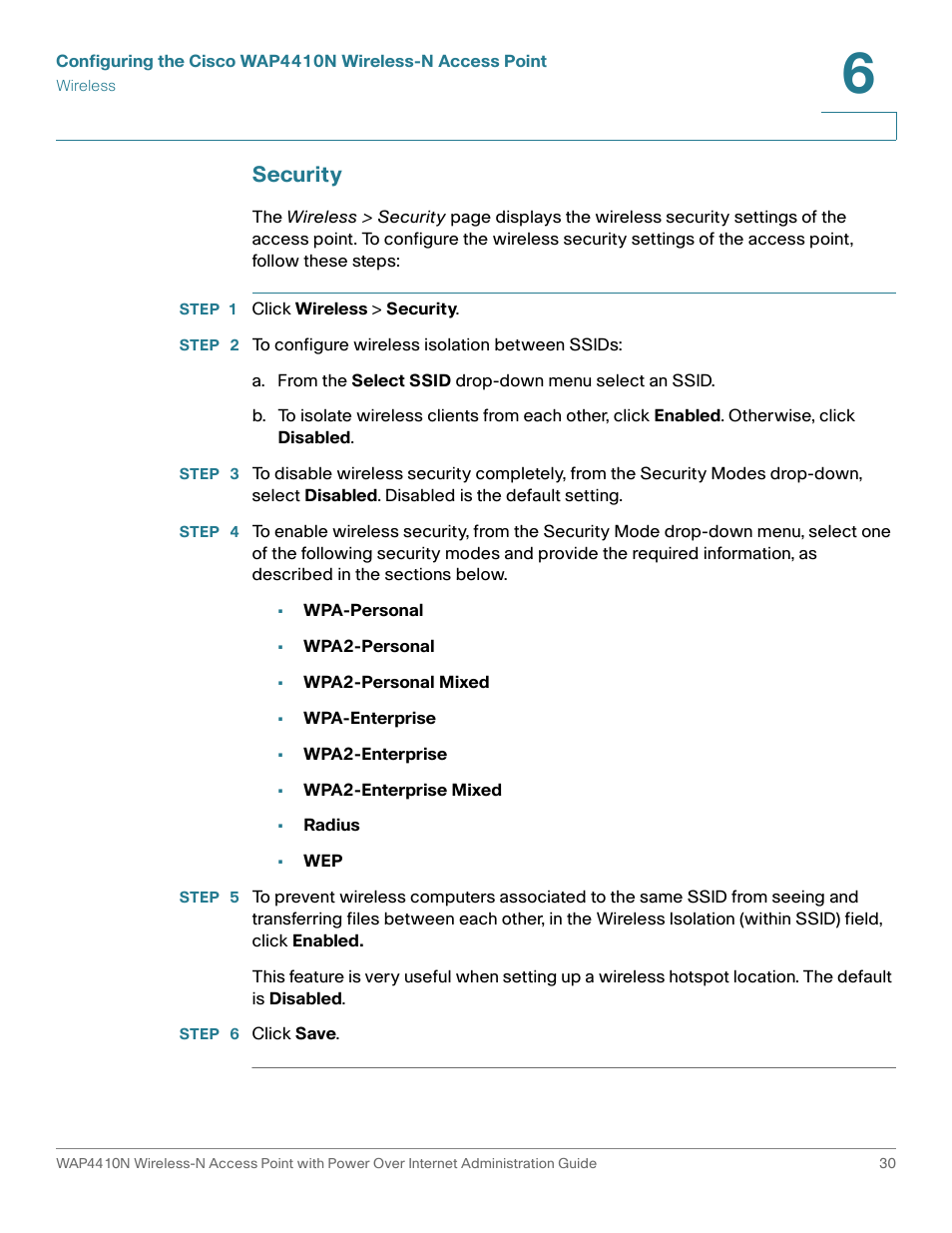 Security | Cisco WIRELESS ACCESS POINT WAP4410N User Manual | Page 30 / 62