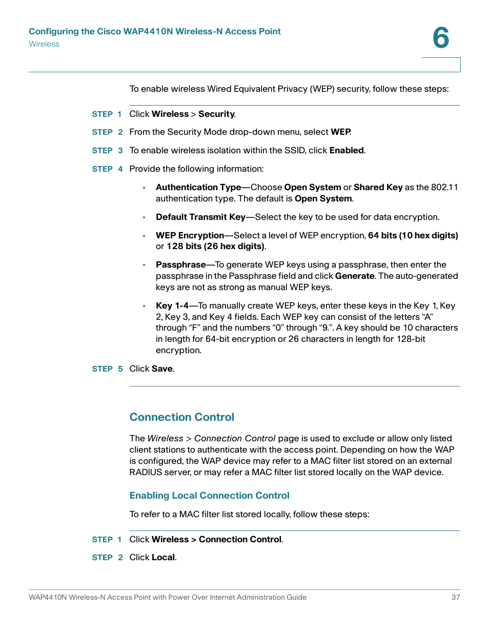 Connection control | Cisco WIRELESS ACCESS POINT WAP4410N User Manual | Page 37 / 62