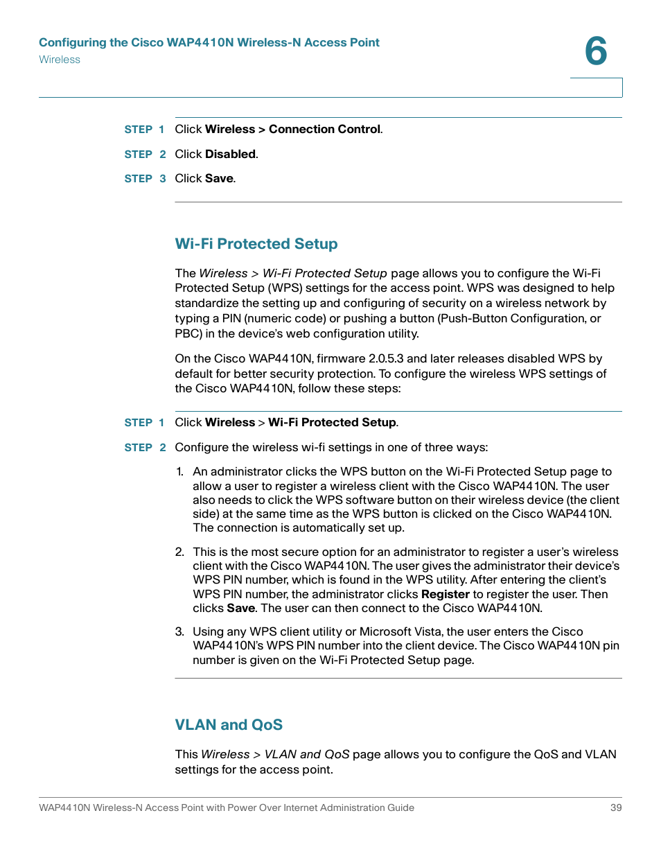Wi-fi protected setup, Vlan and qos | Cisco WIRELESS ACCESS POINT WAP4410N User Manual | Page 39 / 62