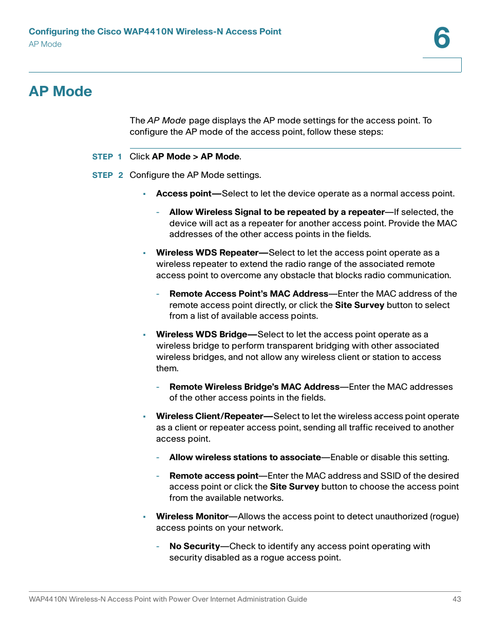 Ap mode | Cisco WIRELESS ACCESS POINT WAP4410N User Manual | Page 43 / 62