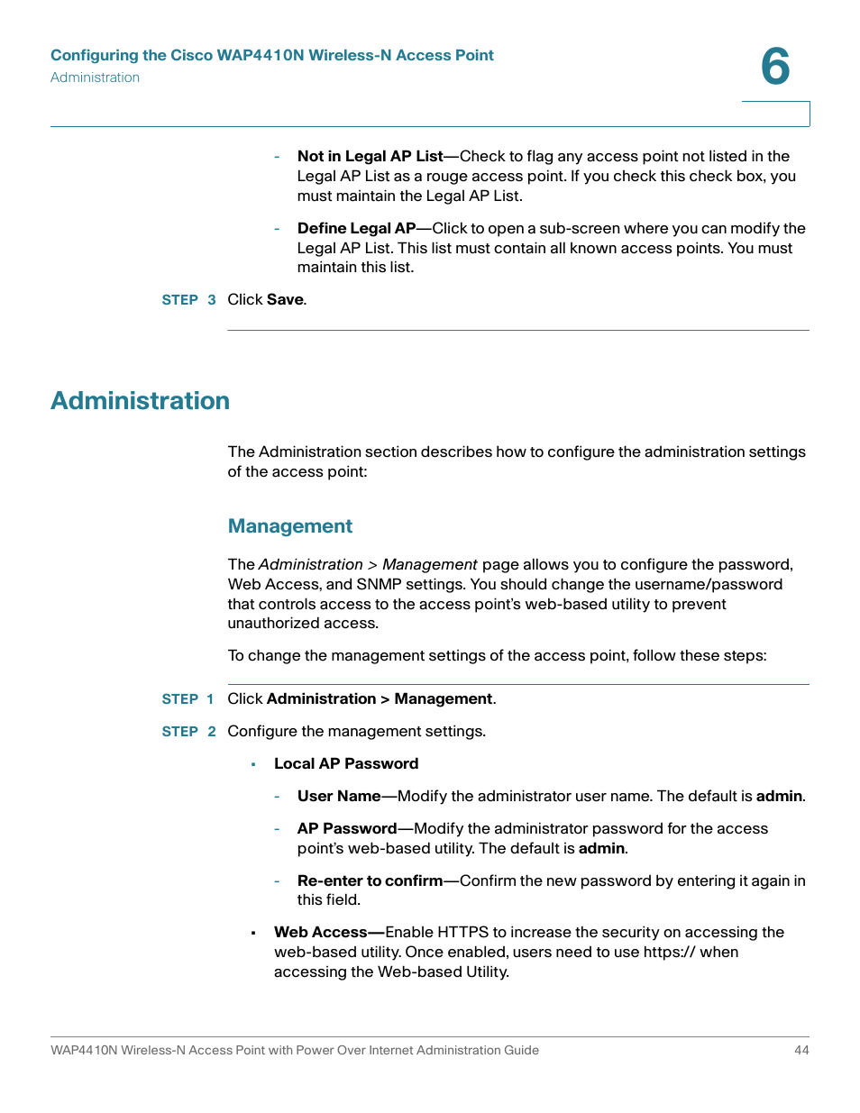 Administration, Management | Cisco WIRELESS ACCESS POINT WAP4410N User Manual | Page 44 / 62