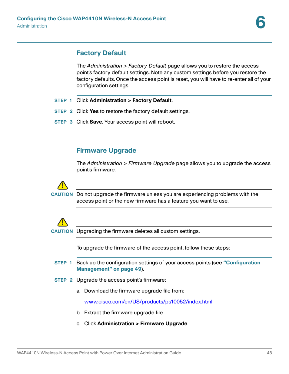 Factory default, Firmware upgrade | Cisco WIRELESS ACCESS POINT WAP4410N User Manual | Page 48 / 62
