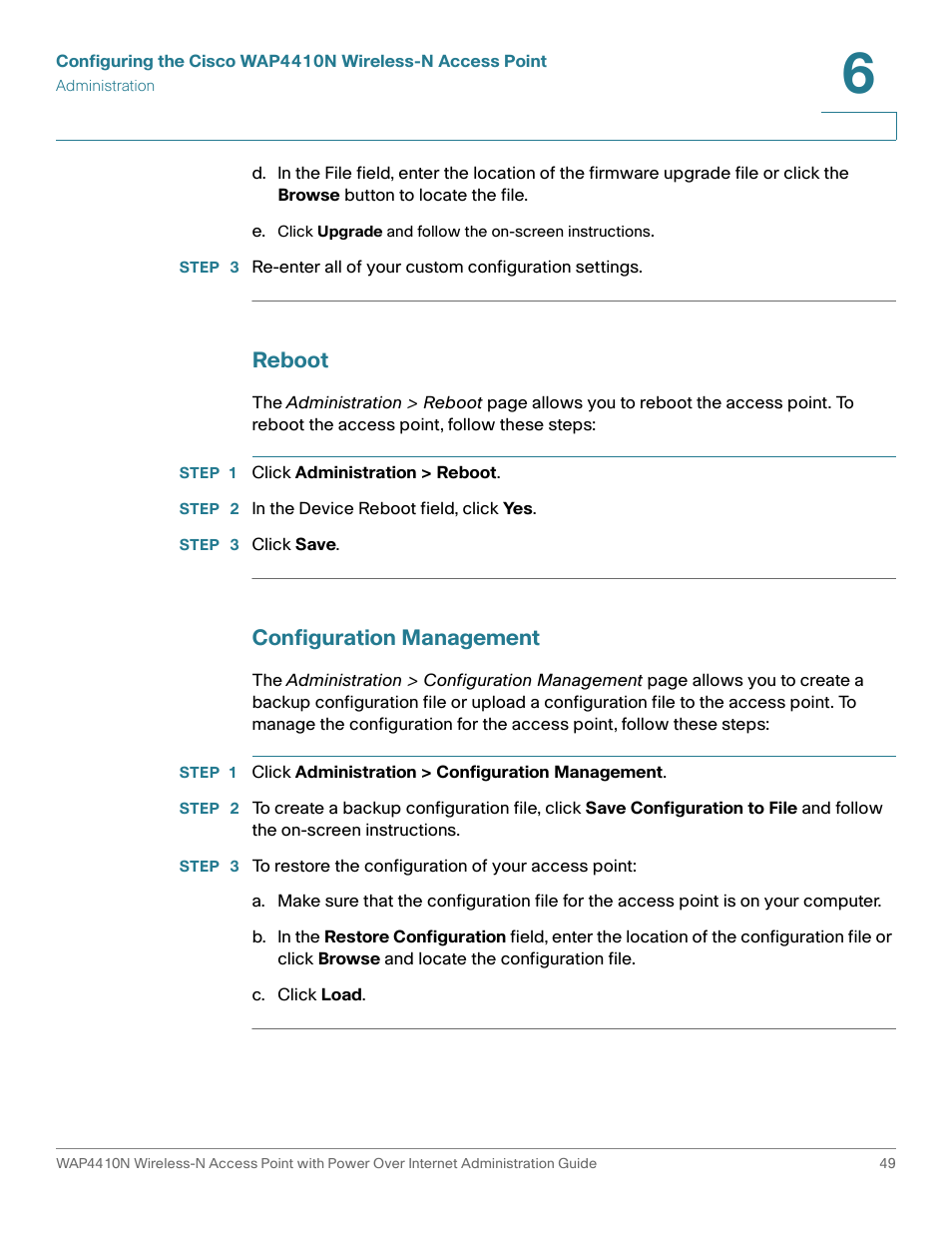 Reboot, Configuration management | Cisco WIRELESS ACCESS POINT WAP4410N User Manual | Page 49 / 62