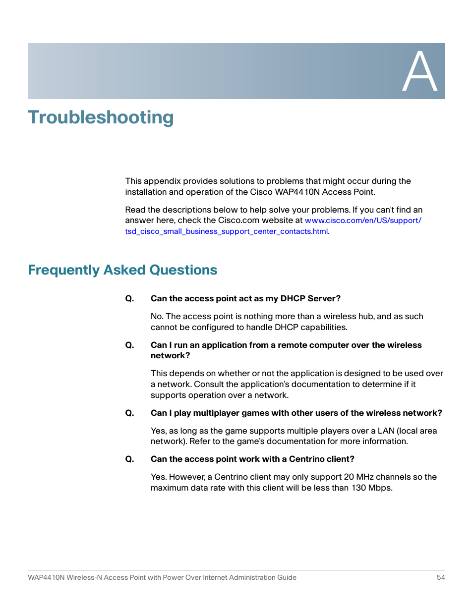 Troubleshooting, Appendix a: troubleshooting, Frequently asked questions | Cisco WIRELESS ACCESS POINT WAP4410N User Manual | Page 54 / 62