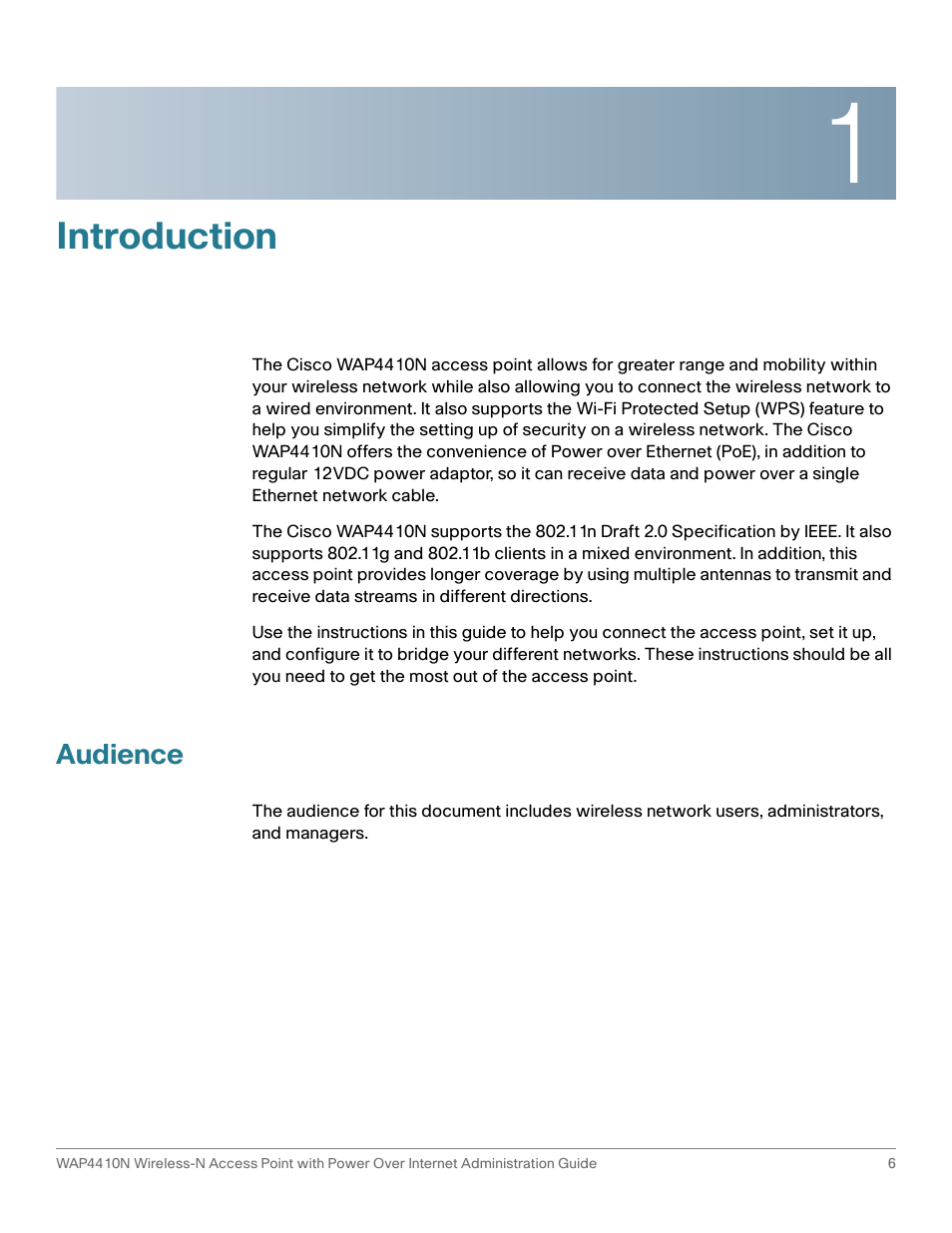 Introduction, Audience, Chapter 1: introduction | Cisco WIRELESS ACCESS POINT WAP4410N User Manual | Page 6 / 62