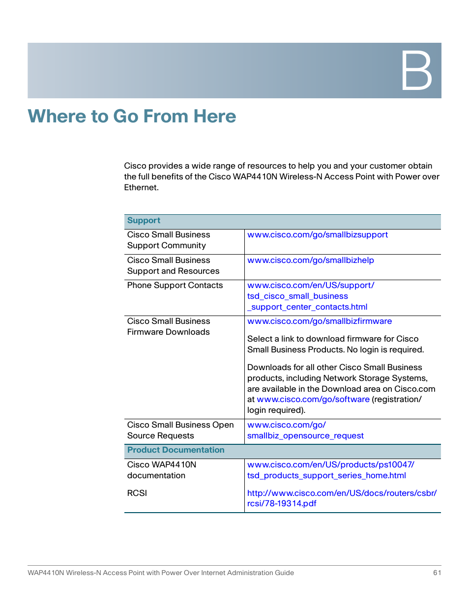 Where to go from here | Cisco WIRELESS ACCESS POINT WAP4410N User Manual | Page 61 / 62