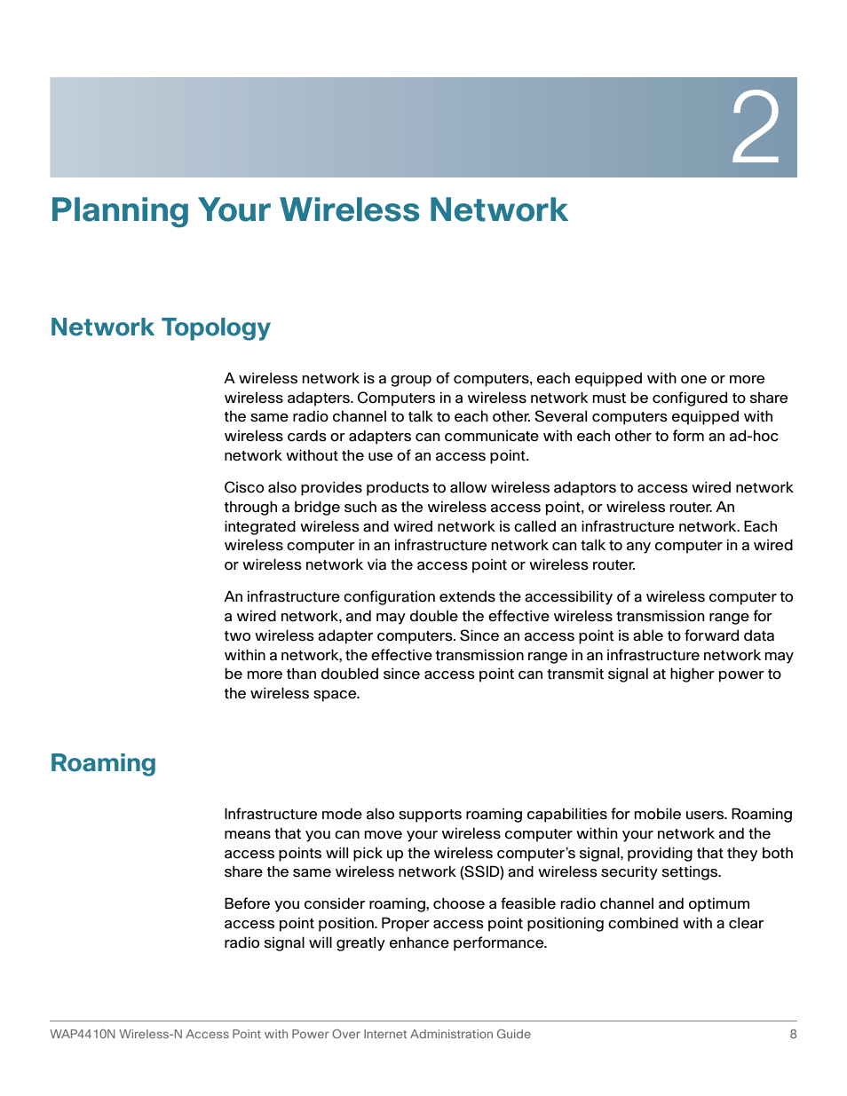 Planning your wireless network, Network topology, Roaming | Chapter 2: planning your wireless network | Cisco WIRELESS ACCESS POINT WAP4410N User Manual | Page 8 / 62