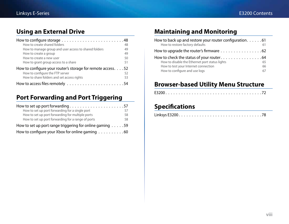 Using an external drive, Port forwarding and port triggering, Maintaining and monitoring | Browser-based utility menu structure, Specifications | Linksys E4200 User Manual | Page 10 / 92