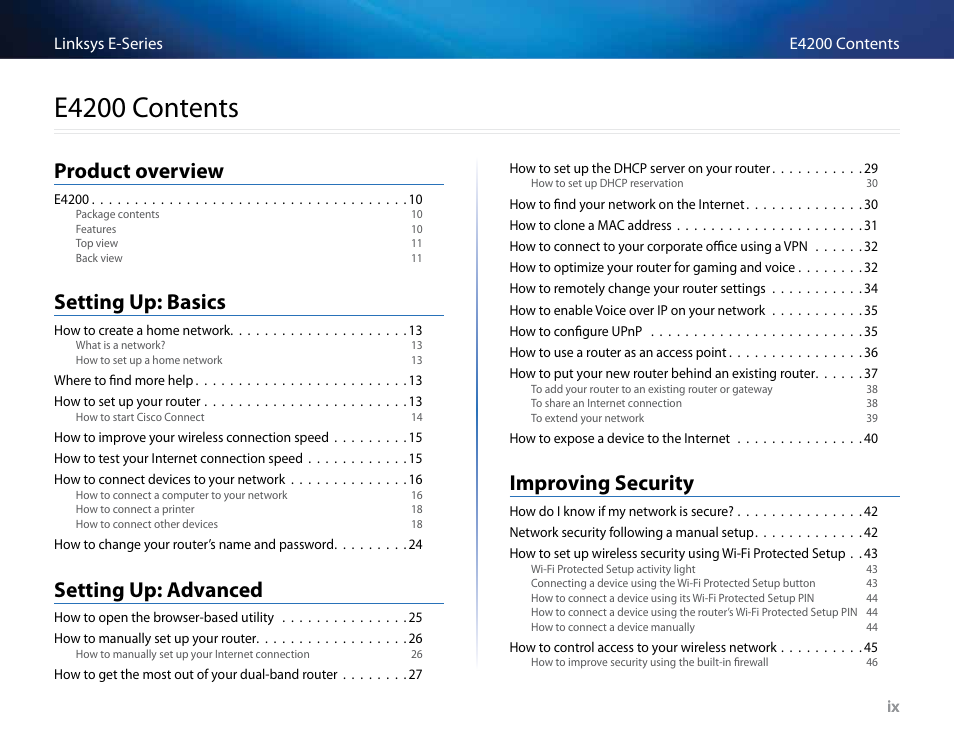 E4200, E4200 contents, Product overview | Setting up: basics, Setting up: advanced, Improving security | Linksys E4200 User Manual | Page 11 / 92