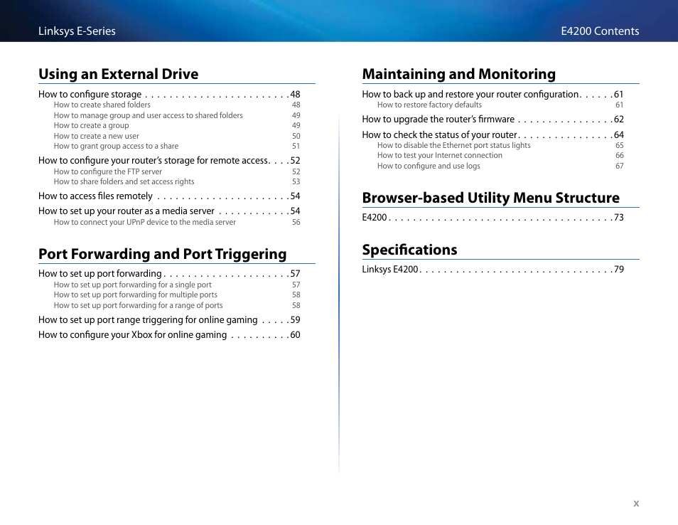 Using an external drive, Port forwarding and port triggering, Maintaining and monitoring | Browser-based utility menu structure, Specifications | Linksys E4200 User Manual | Page 12 / 92