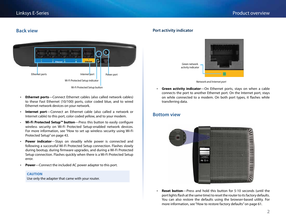 Back view, Bottom view, 2product overview linksys e-series back view | Linksys E4200 User Manual | Page 14 / 92