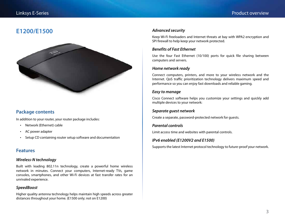 E1200/e1500, Package contents, Features | Linksys E4200 User Manual | Page 15 / 92