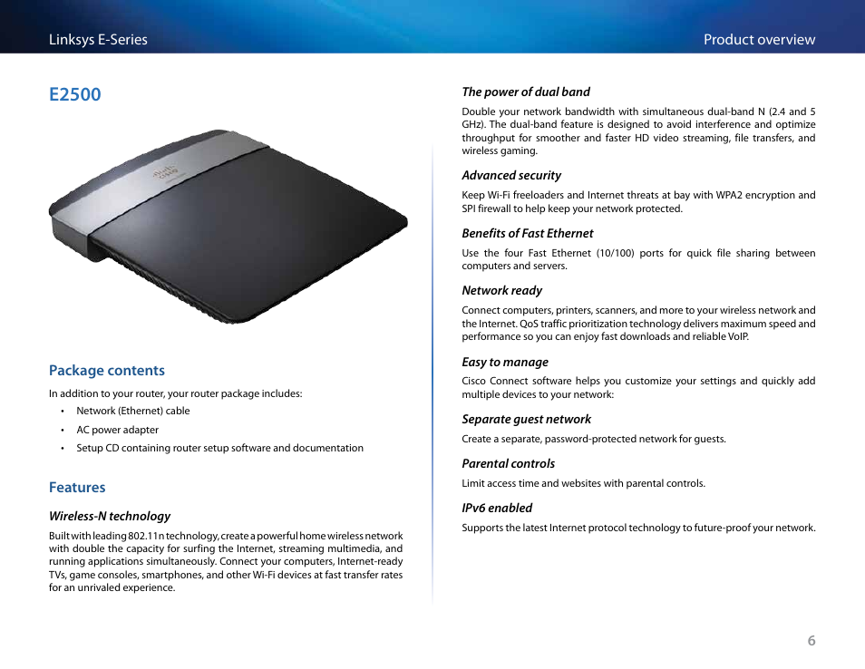 E2500, Package contents, Features | Linksys E4200 User Manual | Page 18 / 92