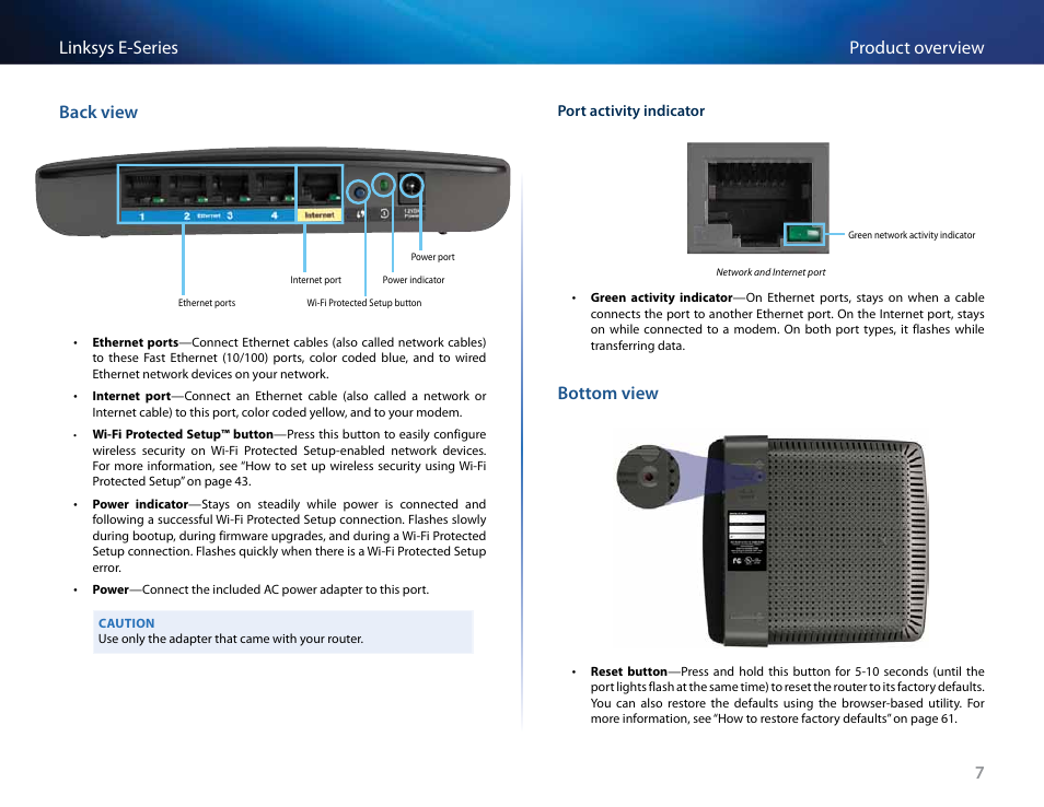 Back view, Bottom view, 7product overview linksys e-series back view | Linksys E4200 User Manual | Page 19 / 92