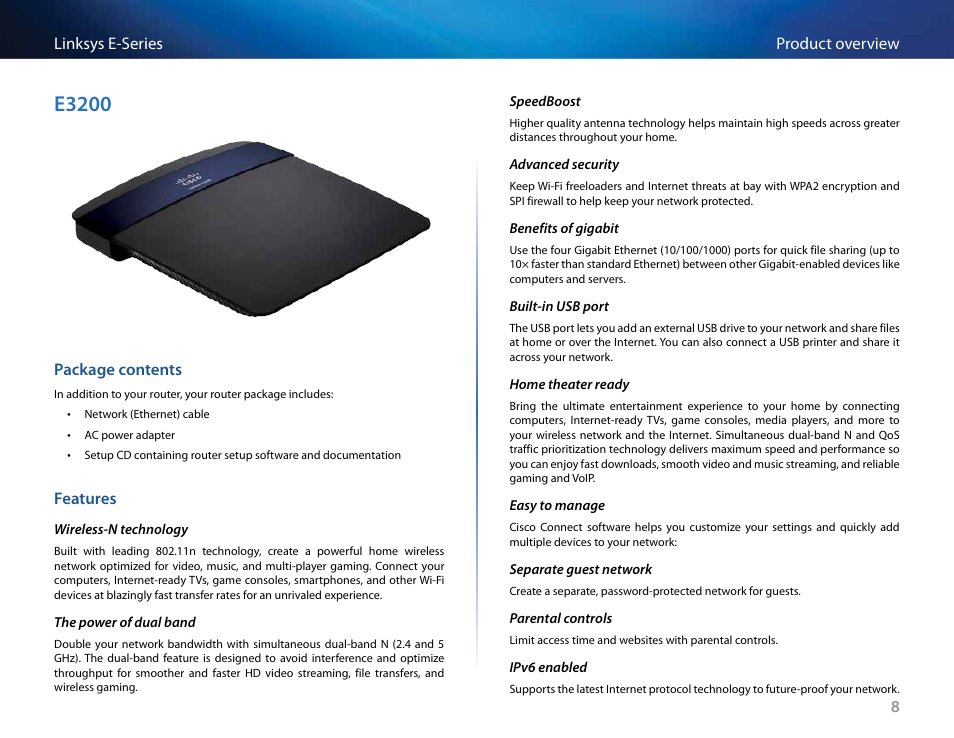 E3200, Package contents, Features | Linksys E4200 User Manual | Page 20 / 92